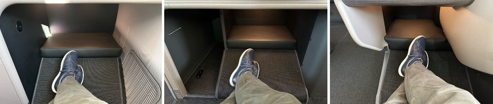 Qantas 787 business class legroom and foot space in the front rows (left and centre) vs all other seats (right).