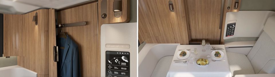 A personal wardrobe and shared dining feature in Qantas' A350 first class.