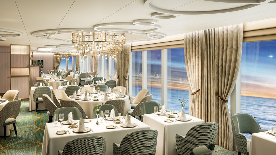 That opulence continues in the exclusive Queens Grill Restaurant on board Queen Anne. © Cunard