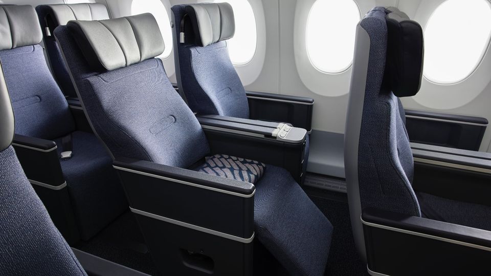 The single-piece 'waterfall' legrest on Finnair's premium economy seat.