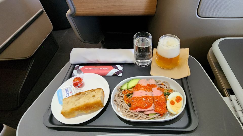 Qantas' business class lunch: Korean-style roast beef with kimchi and soba noodles.