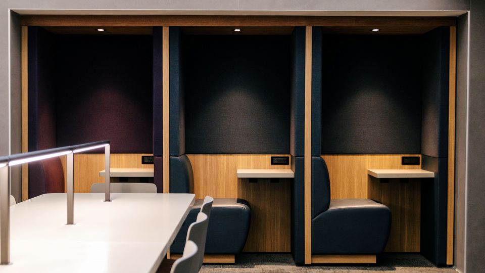 Solo travellers can set themselves up in one of these compact booths.