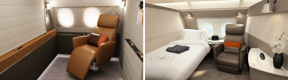 Pierrejean's Skyroom concept for the Singapore Airlines A380 first class, and the finished product.