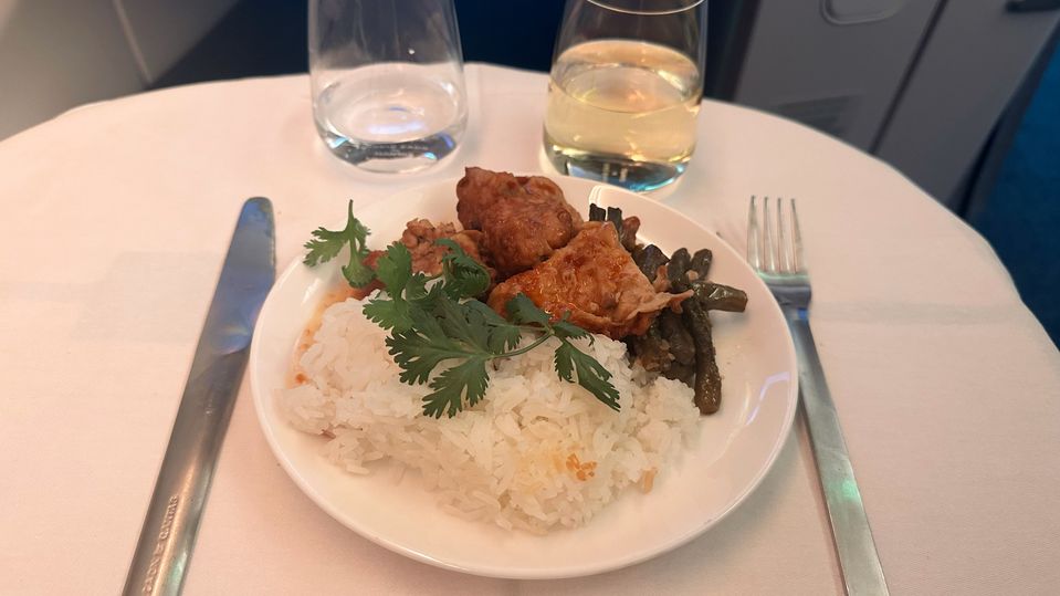 ‘Hot and numbing’ Barrowdale pork on my Qantas Finnair A330 business class Sydney-Singapore flight.