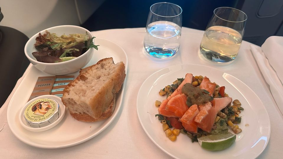 Salmon crudo salad on my Qantas Finnair A330 business class Sydney-Singapore flight.