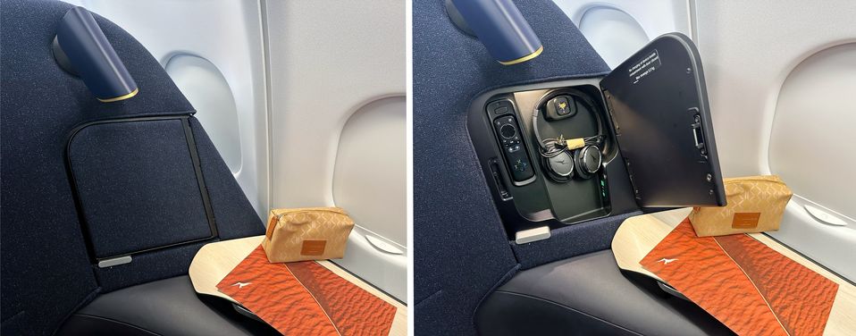 This concealed nook in Finnair's A330 business class contains USB-A and USB-C ports.