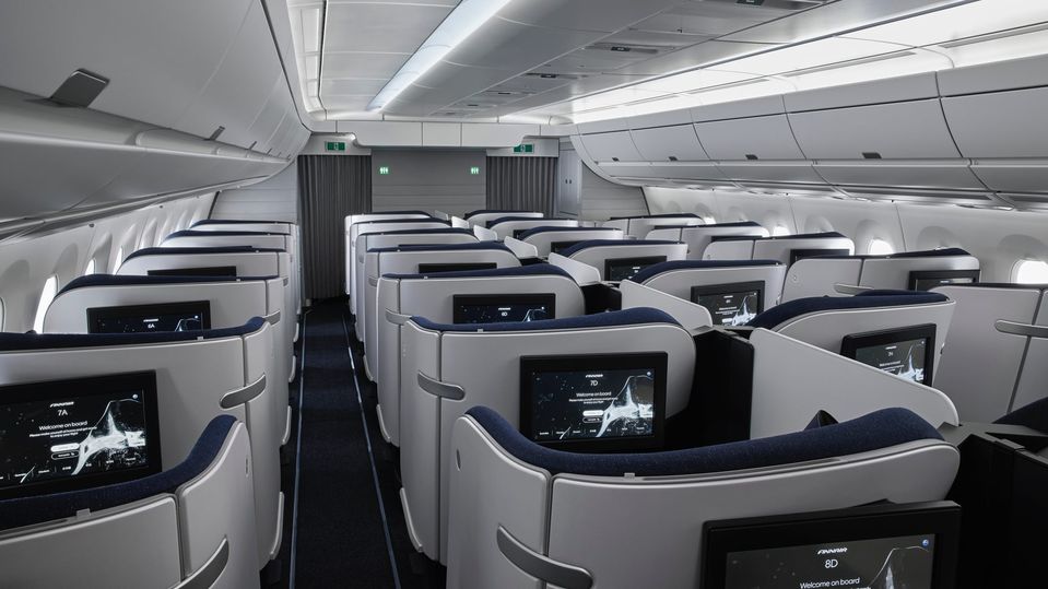 The Finnair A330 business class cabin.
