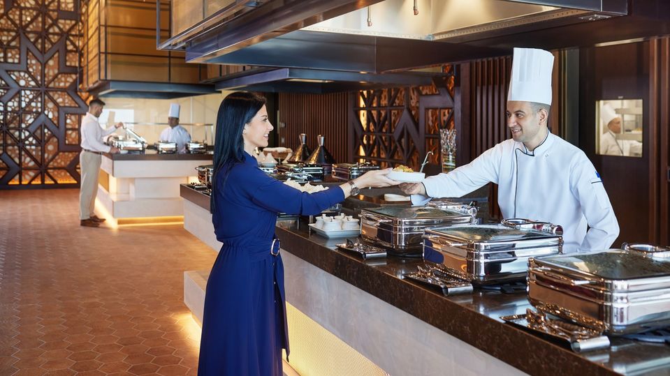 The business class lounge features an informal all-day dining restaurant.