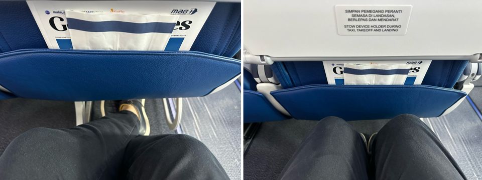 Malaysia Airlines Boeing 737 MAX economy class legroom at the exit row (left) and most other rows (right).