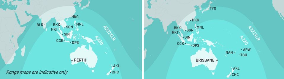 Qantas' range maps for the Airbus A220 and A321XLR.
