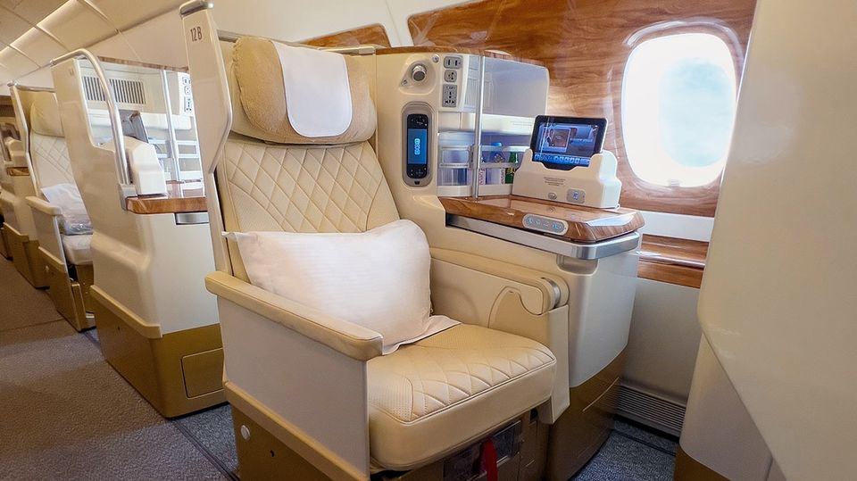 Emirates' refreshed A380 business class.