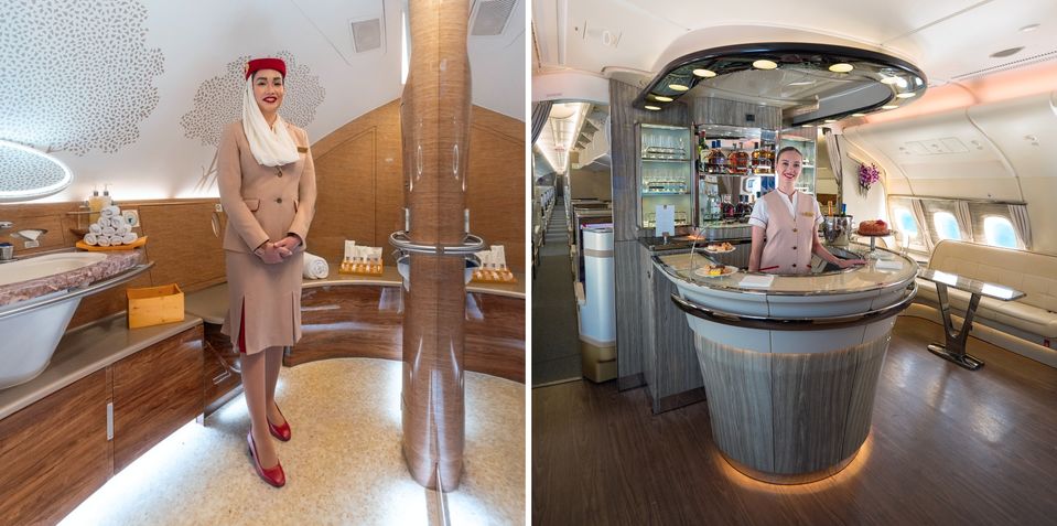 A sleek new look for Emirates A380 showers and cocktail bar.