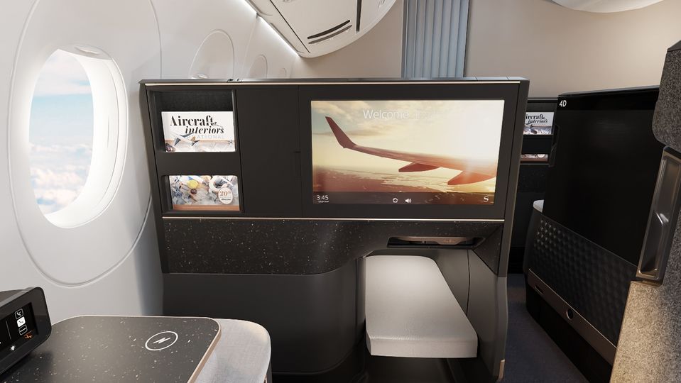 Safran's Unity seat includes mod cons like large HD video screens and wireless charging.