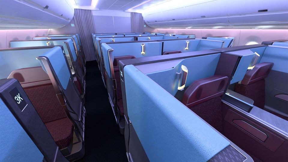 JAL's A350 business class cabin.