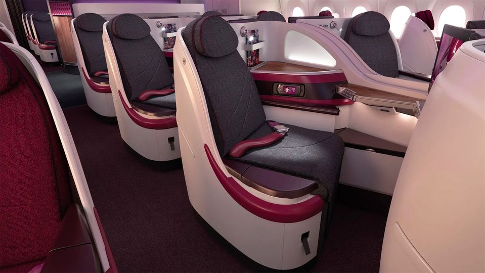 Qatar Airways' spacious A380 business class.