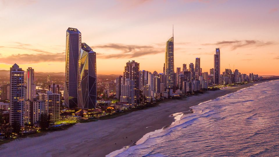 Sunset over Broadbeach and Surfers Paradise.