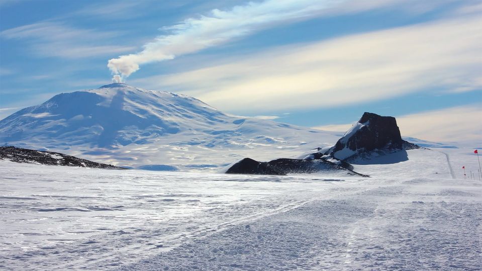 Mount Erebus overlooks the McMurdo research station on Ross Island.