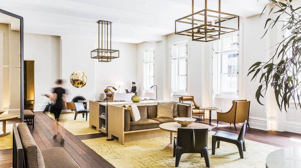 The lobby adopts the feel of a high-end living room.