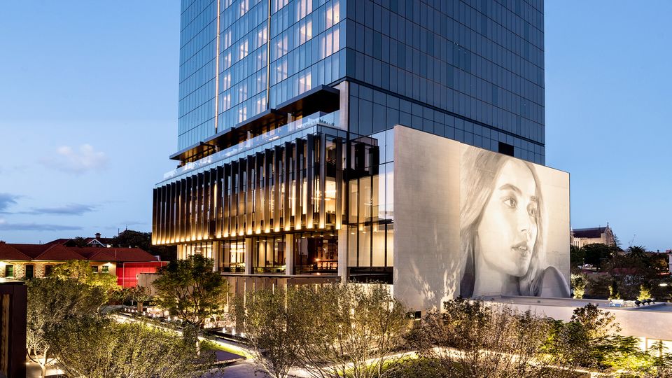 A 20-metre mural from Melbourne artist Rone adds to the hotel’s contemporary feel.