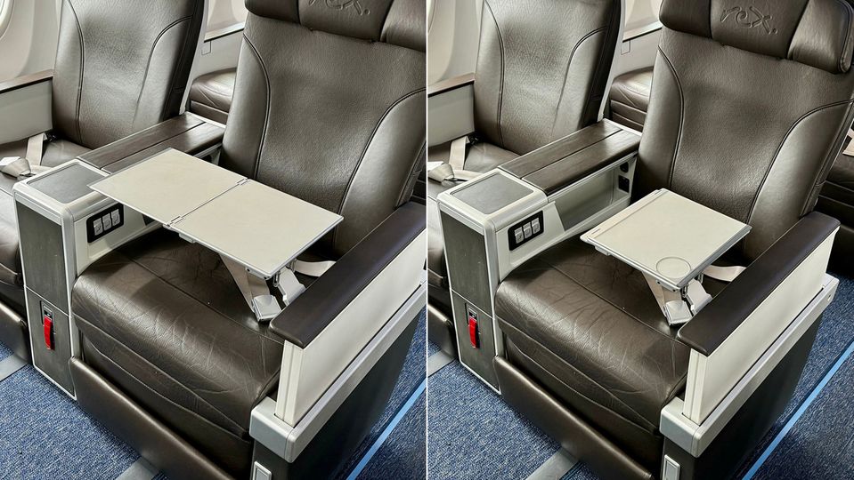 The flip-out tray table has two positions.