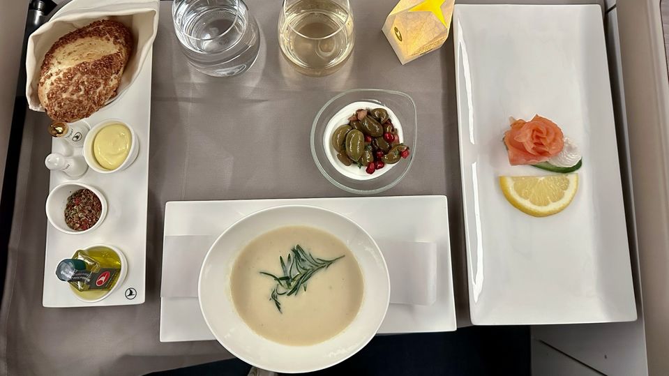 Turkish Airlines business class starters: fennel and celeriac soup, and smoked salmon.