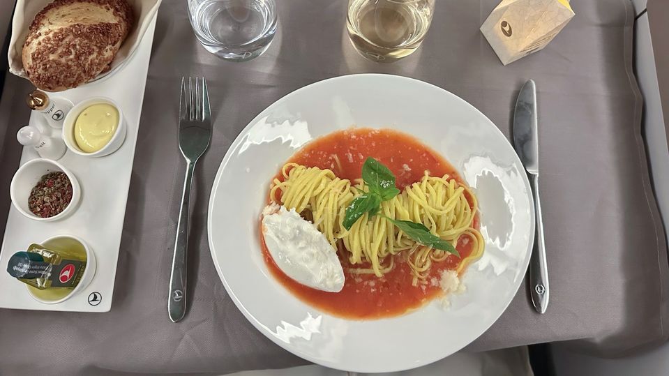 Turkish Airlines business class main course: tagliolini pasta.