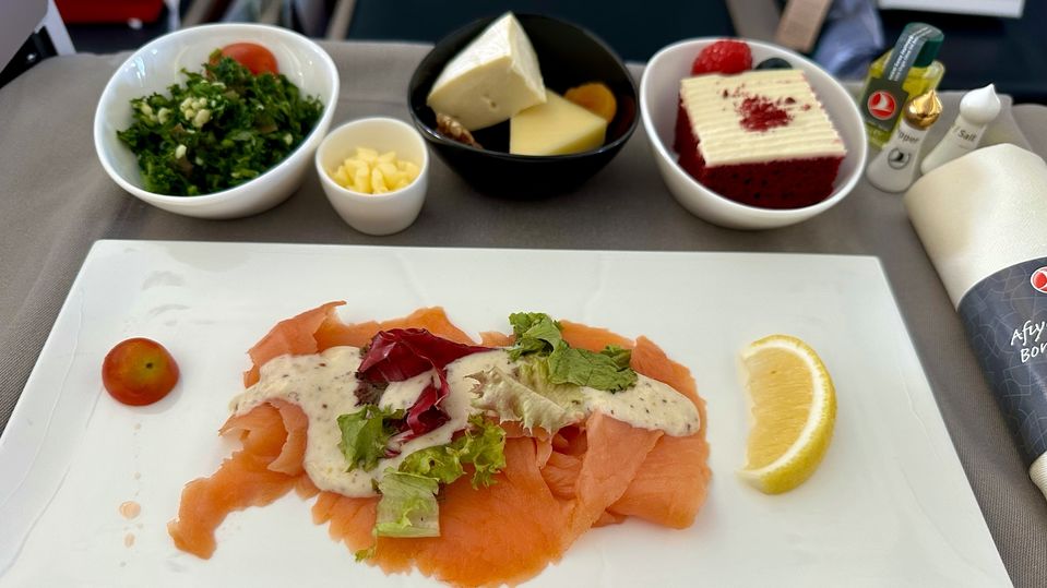 Turkish Airlines business class dining: salmon carpaccio.