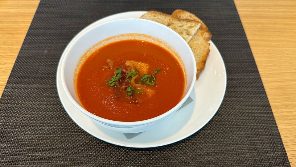 Qantas First Lounge autumn menu: tomato soup.