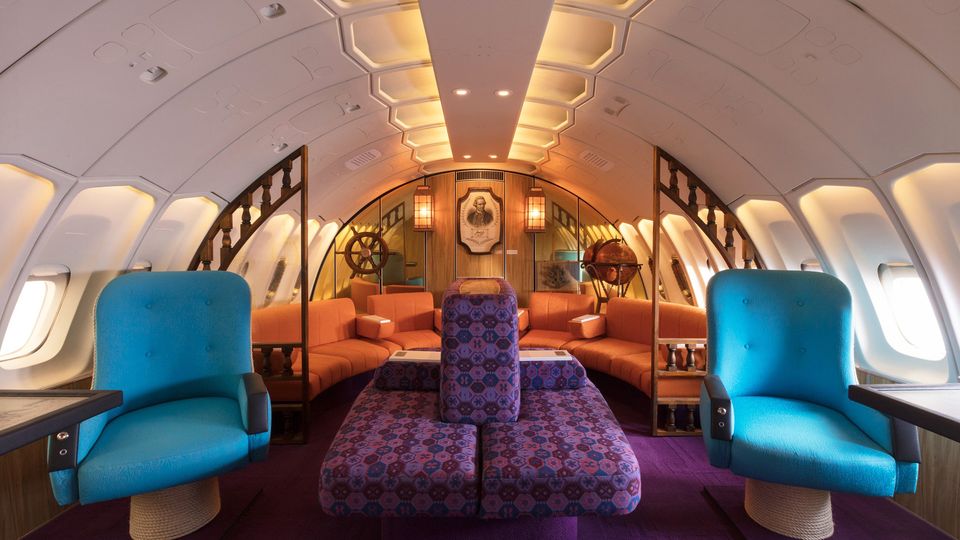 A custom-made replica of the Qantas 747 Captain Cook Lounge.