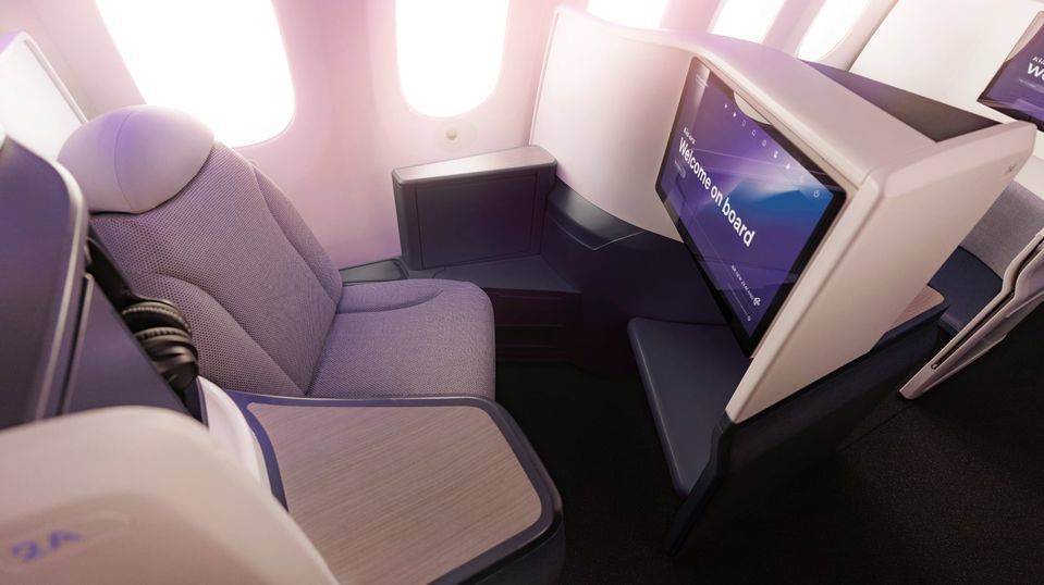 Air New Zealand's 2024 Business Premier seats include a 24" screen with Bluetooth audio streaming.
