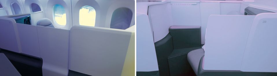 Privacy by degrees: Business Premier Luxe suites (left) vs standard Business Premier seats (right).