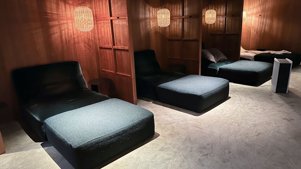 The daybeds at Cathay's The Pier Business lounge.