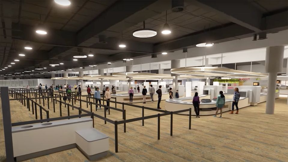 A render of Brisbane Airport's new mezzanine security checkpoint, scheduled for completion in 2025.