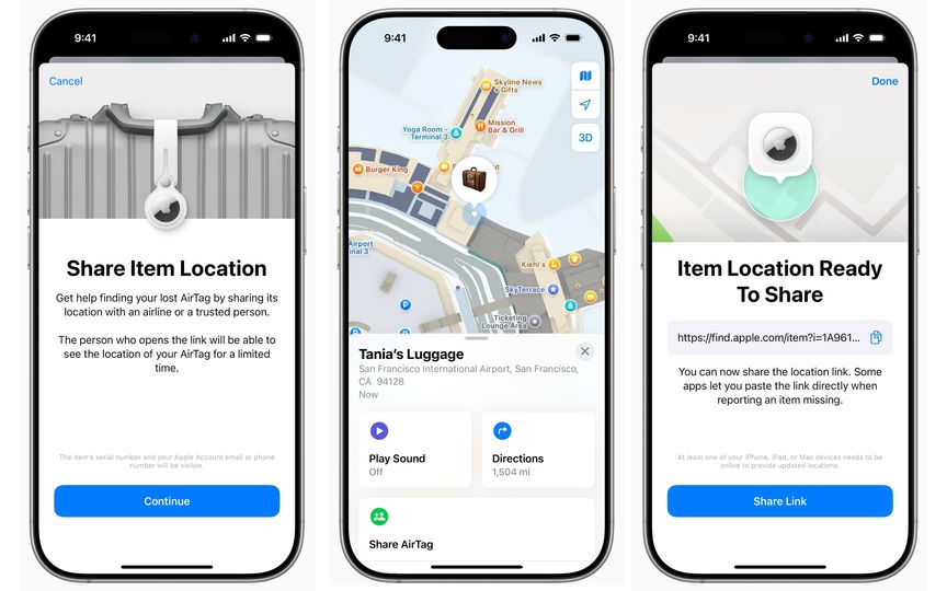 AirTag locations can easily shared on a short-term basis with selected airlines.