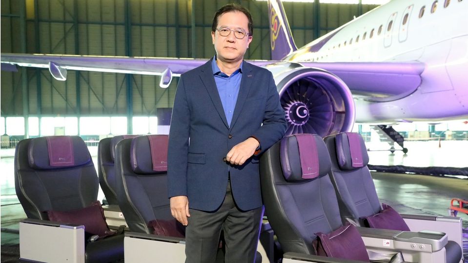 Thai Chief Commercial Officer Korakot Chatasingha with the new A320 Royal Silk business class seats.