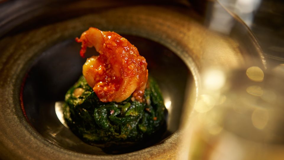 Pan-fried prawn with pickled ginger and chilli bean paste.