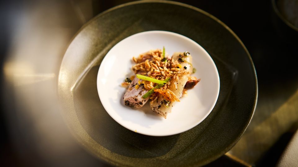 Free-range chicken with black truffle and coriander.