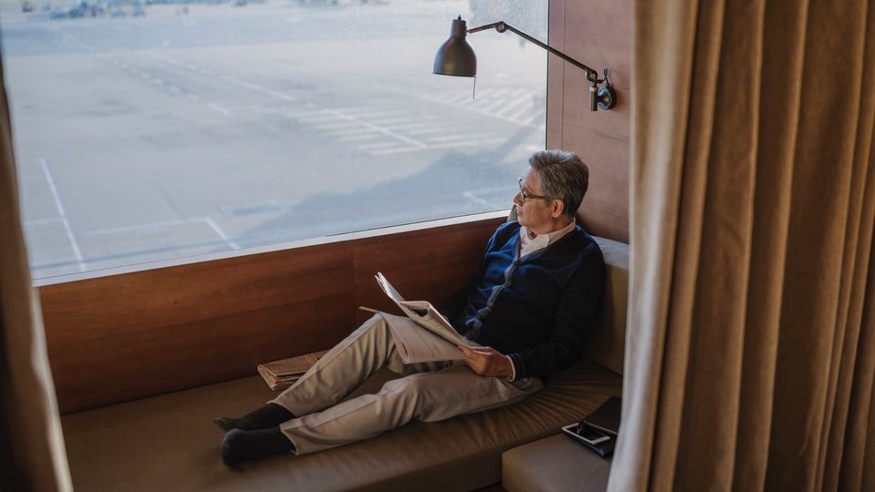 Room with a runway view: one of the relaxing day suites at The Pier First lounge.
