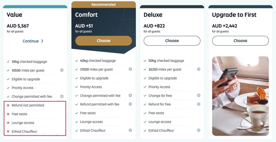 Etihad's website shows what is missing from its business class Value fares.