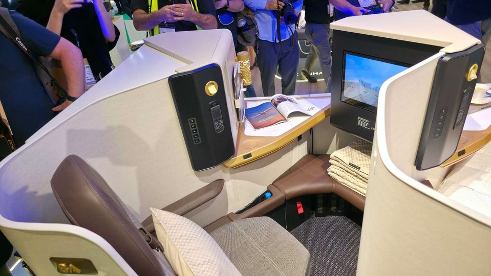 Etihad's A321LR business class on show at the Arabian Travel Market.