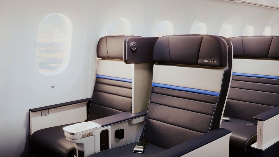 United Airline's new 'Elevated 787' premium economy seats include AC, USB-C and wireless charging.