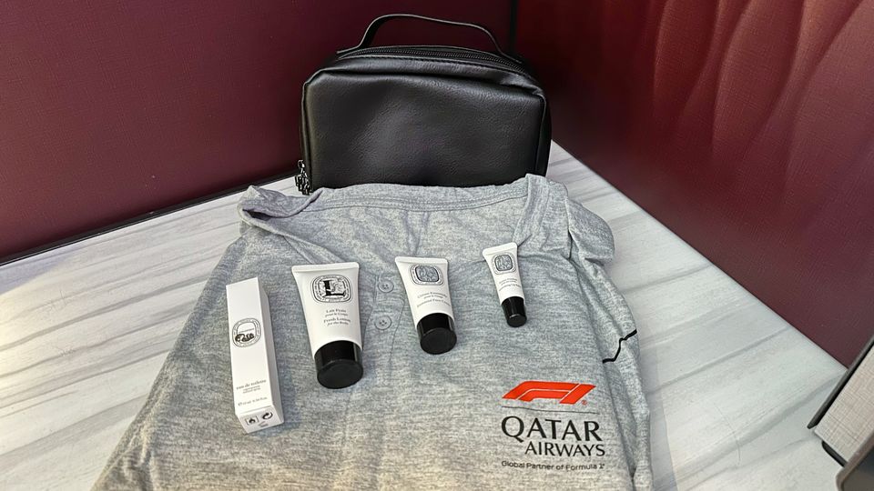 Business class pyjamas by The White Company, skincare amenities by Diptyque.