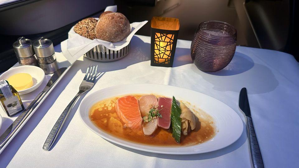 First course of dinner: a seared cured fish plate.