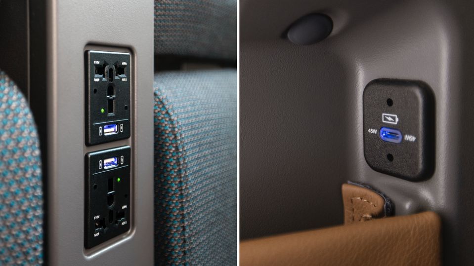 Every Premium Economy seat has its own AC, USB-A and USB-C outlets.