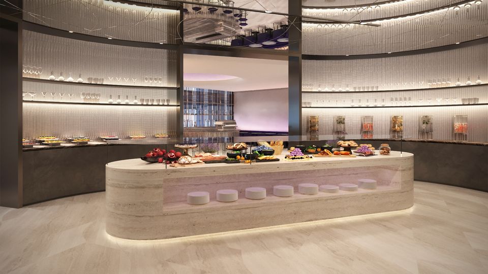 The buffet at Riyadh Air's new Hafawa Lounge.