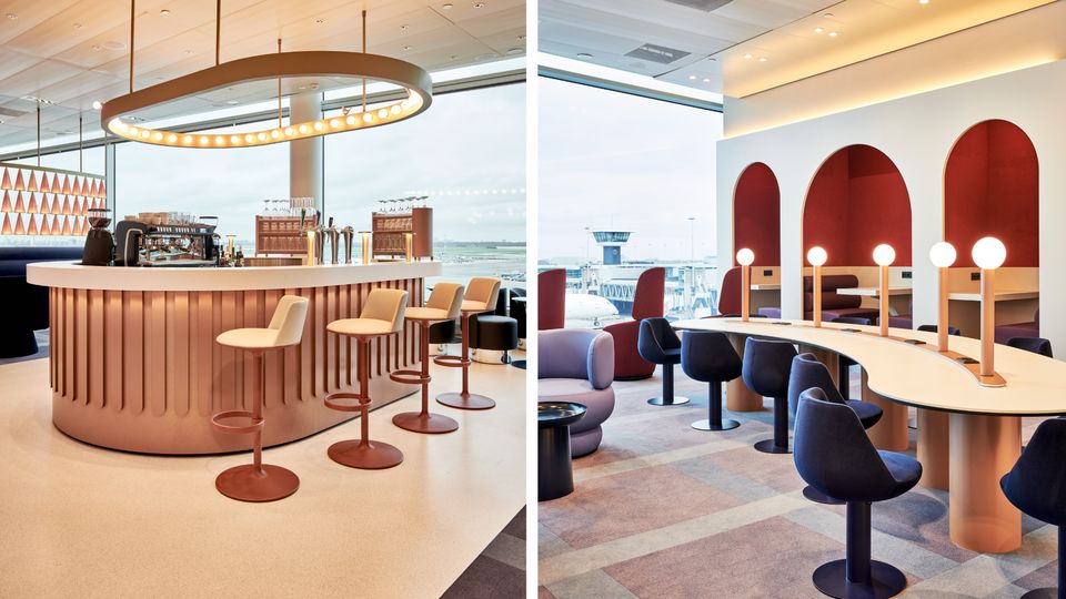 Oneworld's Amsterdam lounge shares the same funky design as its Seoul sibling.