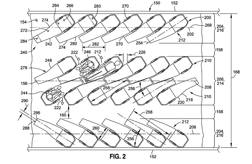 The tapered design of Boeing's high-density business class lets the seats dovetail together.