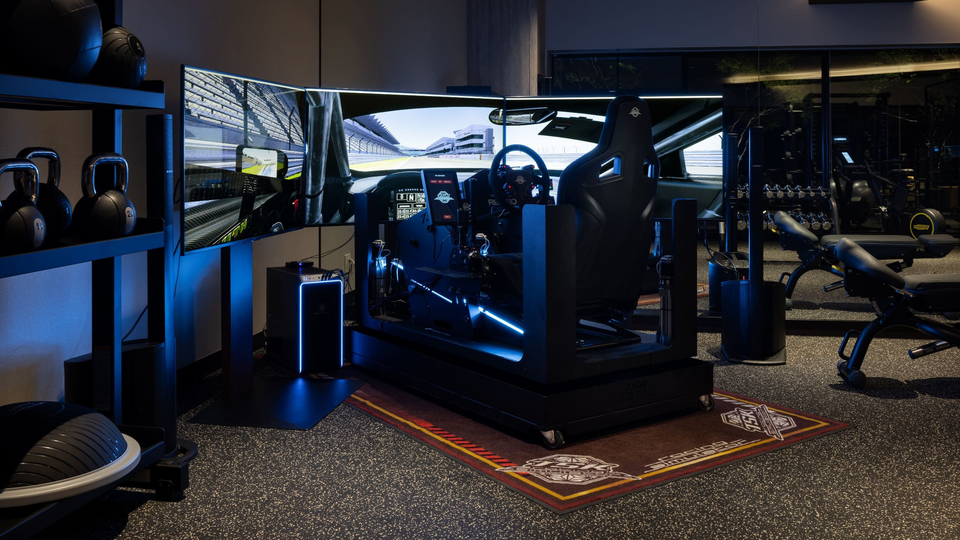 The hotel includes this pro-grade racing simulator.