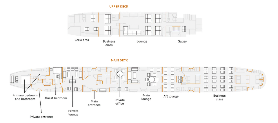 The flooprplan of Trump's new Air Force One 747, as first delivered to the Qatari royal family.. AMAC Aerospace