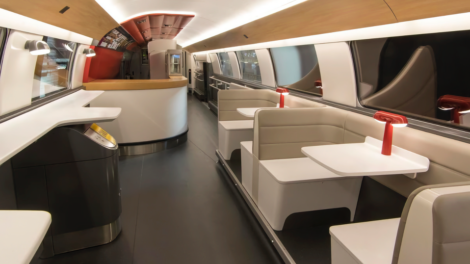 Alstom's mock-up of the Avelia Stream's onboard cafe lounge.